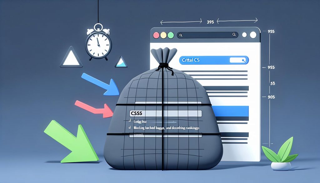 Moderne, minimalistische Grafik mit Website im Aufbau: Links beeinträchtigt ein großes CSS-Stylessheet Ladezeiten und Suchmaschinenranking, rechts hebt sich Critical CSS hervor und sorgt für Schnelligkeit, bessere Rankings und glückliche Nutzer.