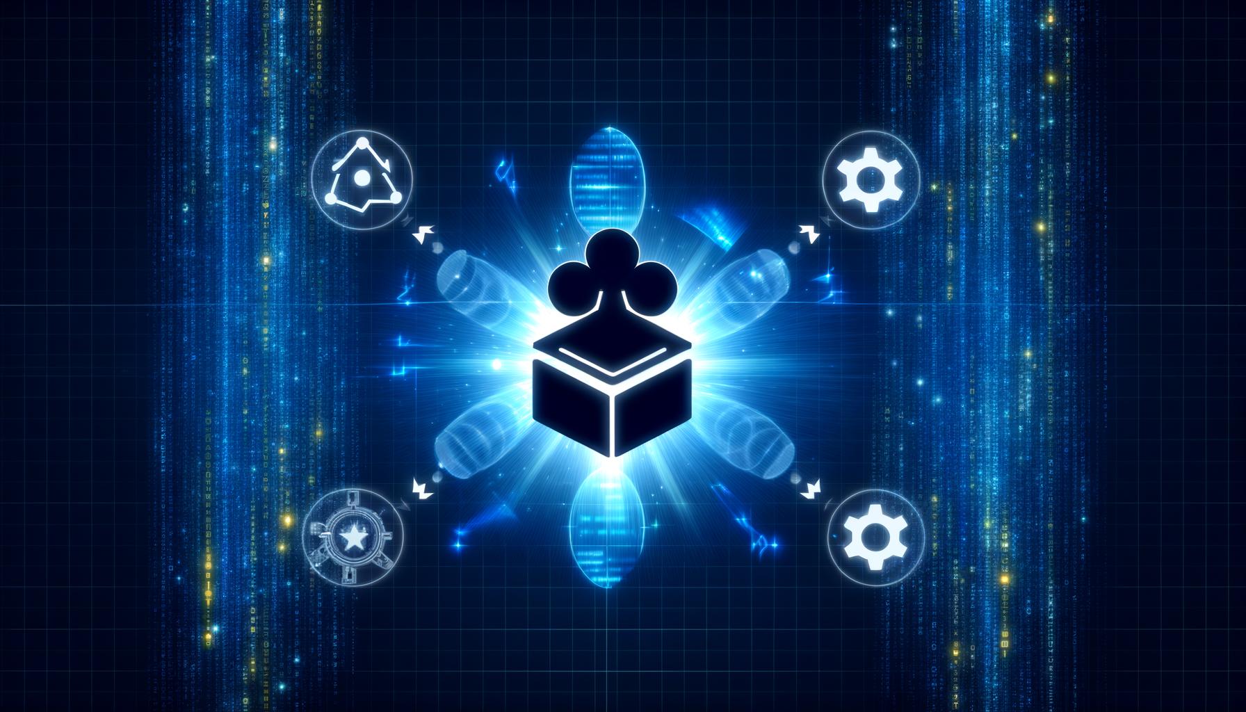 Futuristische Titelgrafik mit Git-Repository-Symbol, umkreist von YAML-Dateien, Kubernetes-Clustern und Zahnrädern vor Matrix-artigem Binärcode.