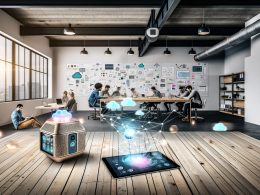 Team testet einen multifunktionalen Prototypen mit AR-Interface und Cloud-Visualisierungen in einem modernen Loft-Büro, umgeben von Skizzen und Datenflow-Tafeln