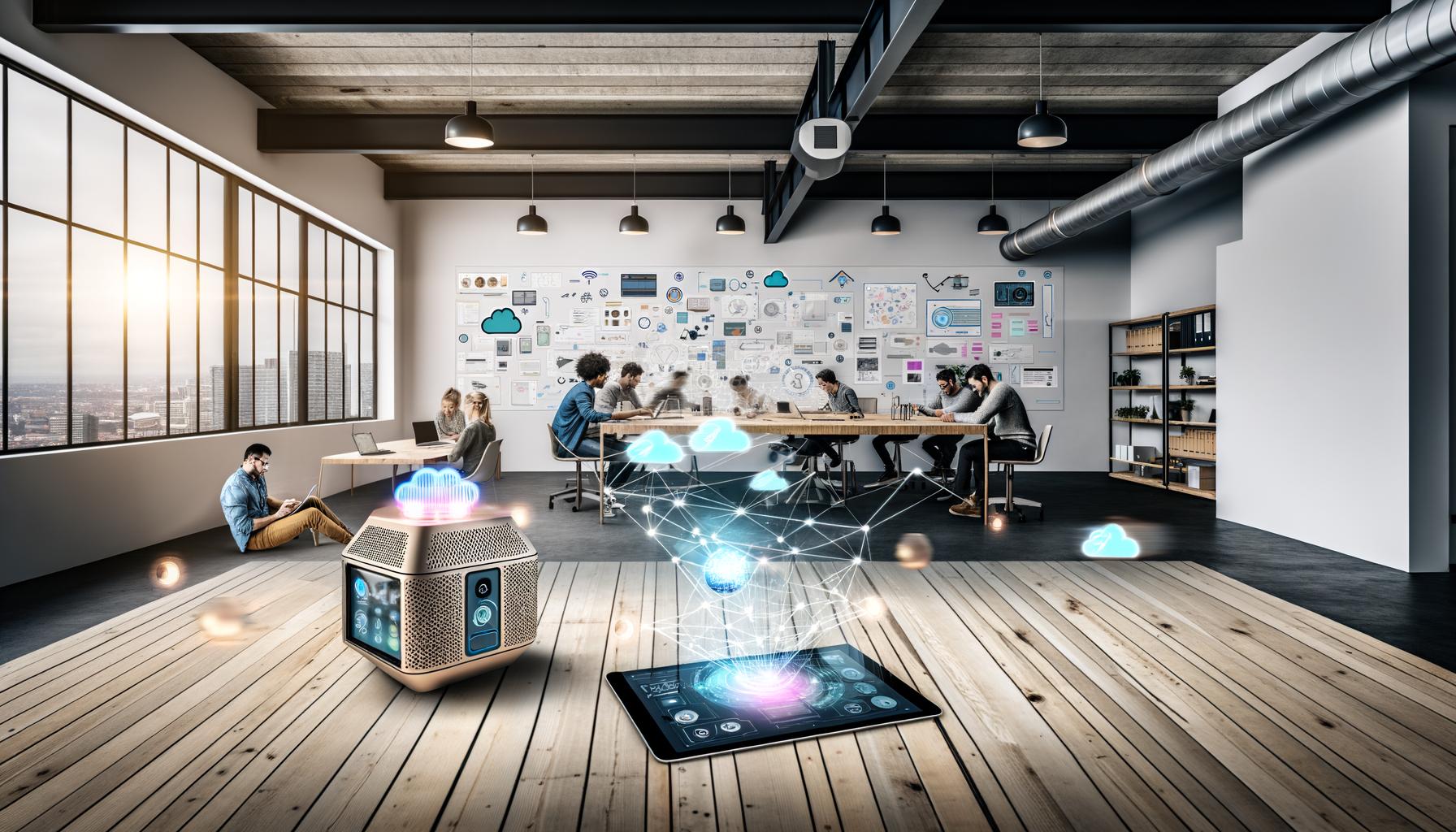 Team testet einen multifunktionalen Prototypen mit AR-Interface und Cloud-Visualisierungen in einem modernen Loft-Büro, umgeben von Skizzen und Datenflow-Tafeln