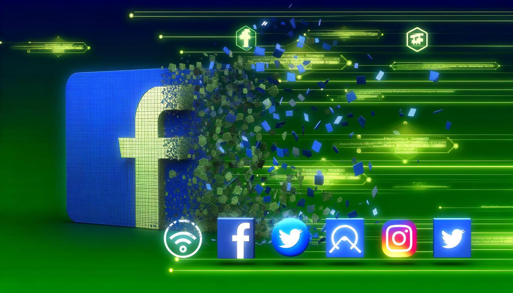 Eine Grafik mit zerbrechendem Facebook Pixel-Logo, glänzender Server-API und klaren Datenströmen zu Facebook- und Instagram-Logos. Im Hintergrund sind Datenschutz-Icons, Cookie-Banner und Adblocker-Schilder zu sehen.