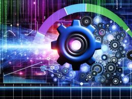 Modernes, abstrahiertes Digital-Interface mit ineinandergreifenden Zahnrädern, Datenströmen, Wachstumskurven und zentralem leuchtenden Motor als Growth Engine, in futuristischen Neonfarben, Datenvisualisierungen und Matrix-Zahlen im Hintergrund.