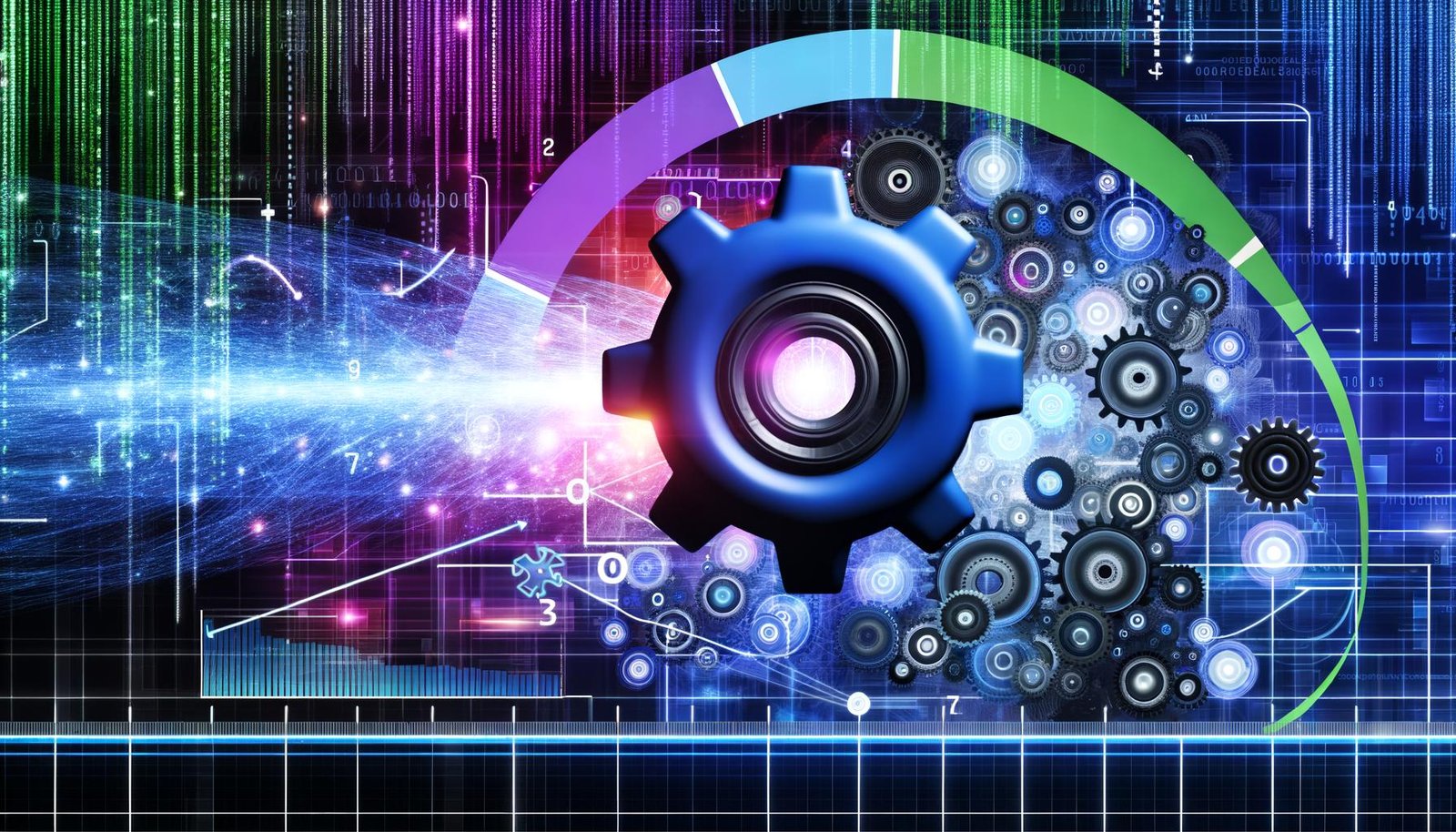 Modernes, abstrahiertes Digital-Interface mit ineinandergreifenden Zahnrädern, Datenströmen, Wachstumskurven und zentralem leuchtenden Motor als Growth Engine, in futuristischen Neonfarben, Datenvisualisierungen und Matrix-Zahlen im Hintergrund.