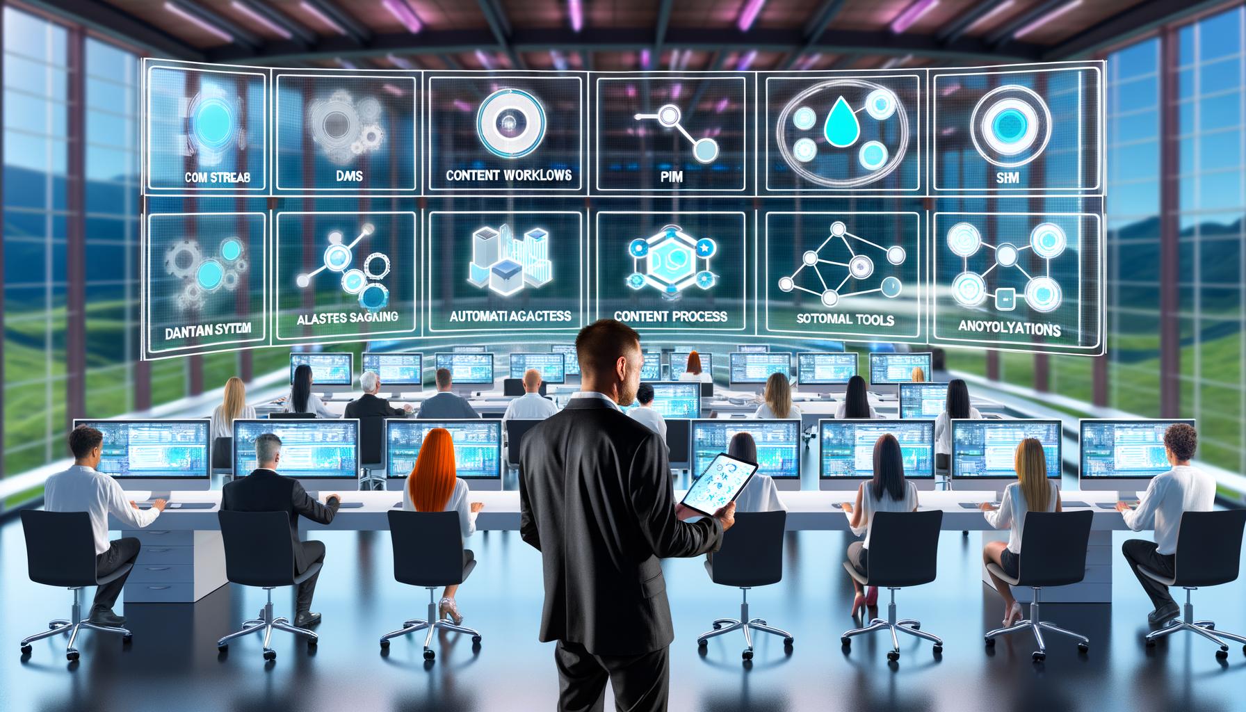 Futuristisches Kontrollzentrum mit modernen Dashboards, Teams an digitalen Geräten und integriertem Content-Management im Jahr 2025.