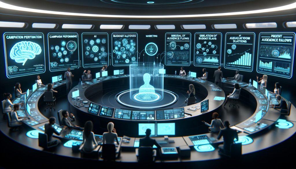 Marketing-Kontrollraum der Zukunft mit holographischen Leistungsanzeigen, KI-Empfehlungen und Teamarbeit vor dunklem, digitalem Hintergrund.