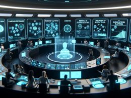 Marketing-Kontrollraum der Zukunft mit holographischen Leistungsanzeigen, KI-Empfehlungen und Teamarbeit vor dunklem, digitalem Hintergrund.