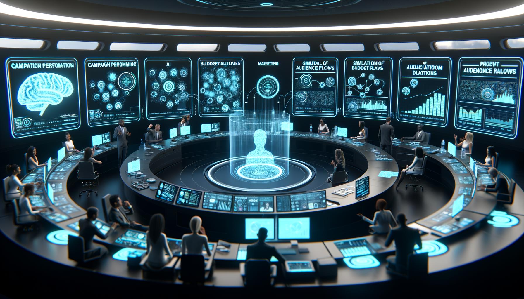 Marketing-Kontrollraum der Zukunft mit holographischen Leistungsanzeigen, KI-Empfehlungen und Teamarbeit vor dunklem, digitalem Hintergrund.