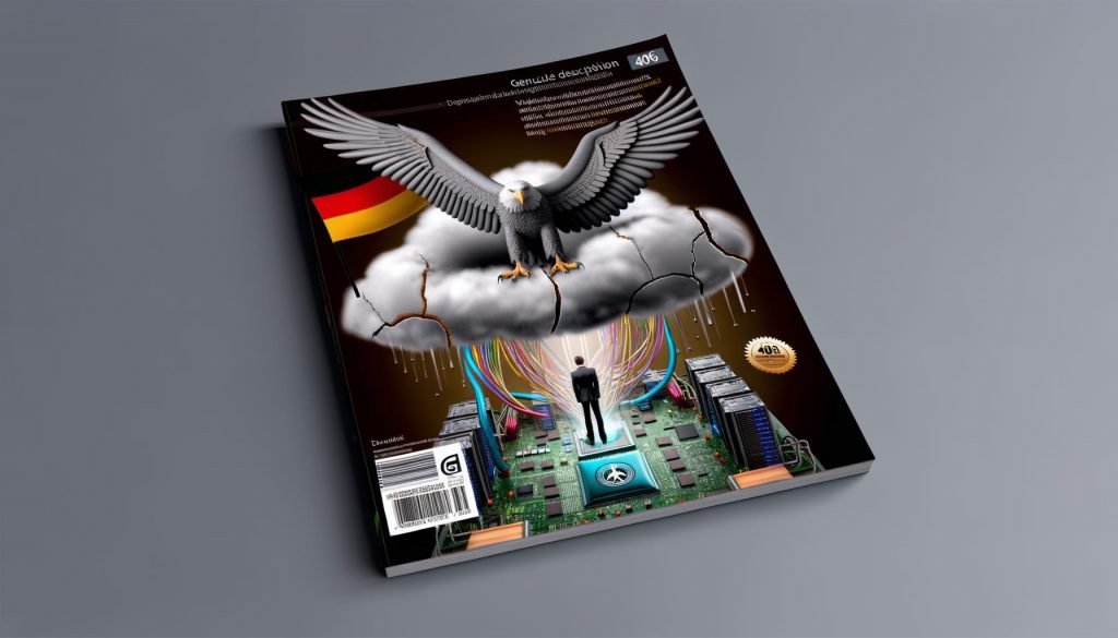 Digitale Wolke mit Bundesadler, deutschen Symbolen, Servertechnik und Marketing-Labeln, Lupe auf Schwachstellen, kritisch schauende Person inspiziert deutschen Serverraum.