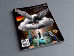 Digitale Wolke mit Bundesadler, deutschen Symbolen, Servertechnik und Marketing-Labeln, Lupe auf Schwachstellen, kritisch schauende Person inspiziert deutschen Serverraum.