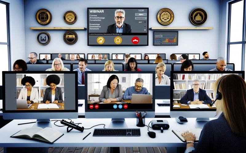 Digitale Klassenzimmer-Szene mit vielfältigen Geschäftsleuten, die an ihren Computern ein interaktives Webinar mit Video, Chat und Umfragen verfolgen. Logos von Zoom, Teams und GoToWebinar im Hintergrund.