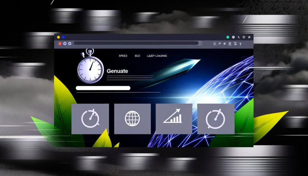 Dunkle, moderne Landingpage mit großem, buntem Hero-Bild, grauen Bildplatzhaltern, Lazy-Loading-Thumbnails, sowie Icons für Geschwindigkeit, SEO und Nachhaltigkeit auf angedeuteten Tech-Hintergründen.