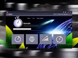 Dunkle, moderne Landingpage mit großem, buntem Hero-Bild, grauen Bildplatzhaltern, Lazy-Loading-Thumbnails, sowie Icons für Geschwindigkeit, SEO und Nachhaltigkeit auf angedeuteten Tech-Hintergründen.
