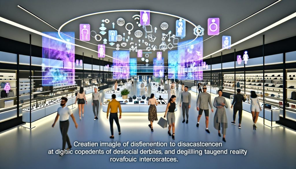 Futuristischer Retail-Raum mit Kunden, die zwischen physischen Regalen, holografischen Displays, Augmented Reality und digitalen Produktzwillingen interagieren.