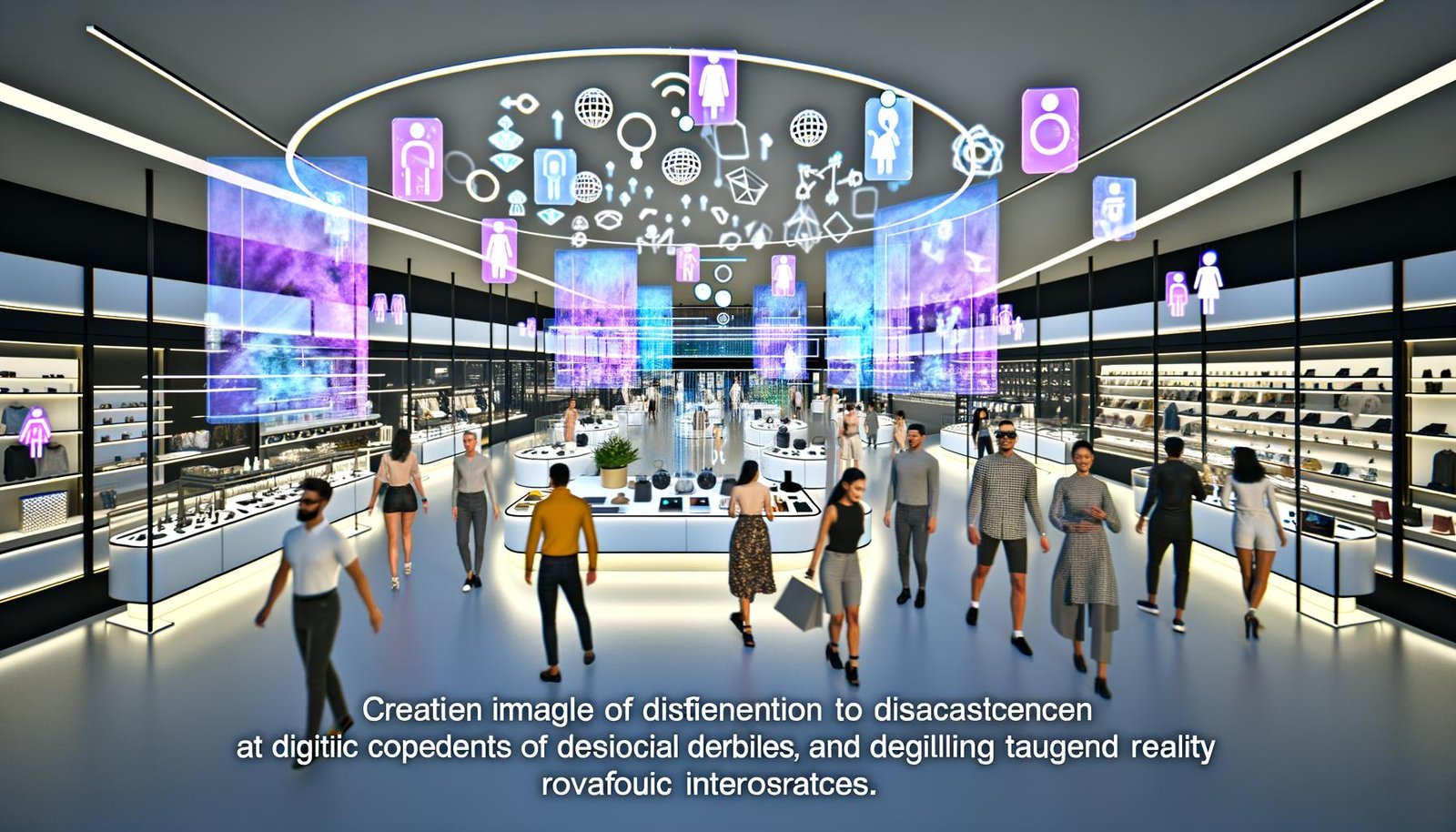 Futuristischer Retail-Raum mit Kunden, die zwischen physischen Regalen, holografischen Displays, Augmented Reality und digitalen Produktzwillingen interagieren.