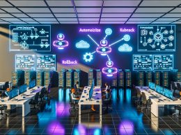 Futuristisches DevOps-Büro mit Engineers an Monitoren, zentralem Git-Interface, Kubernetes-Icons, Pipeline-Diagrammen, Neon-Schriftzügen und autonomen Deployment-Robotern vor Serverracks mit Cloud-Verbindungen.