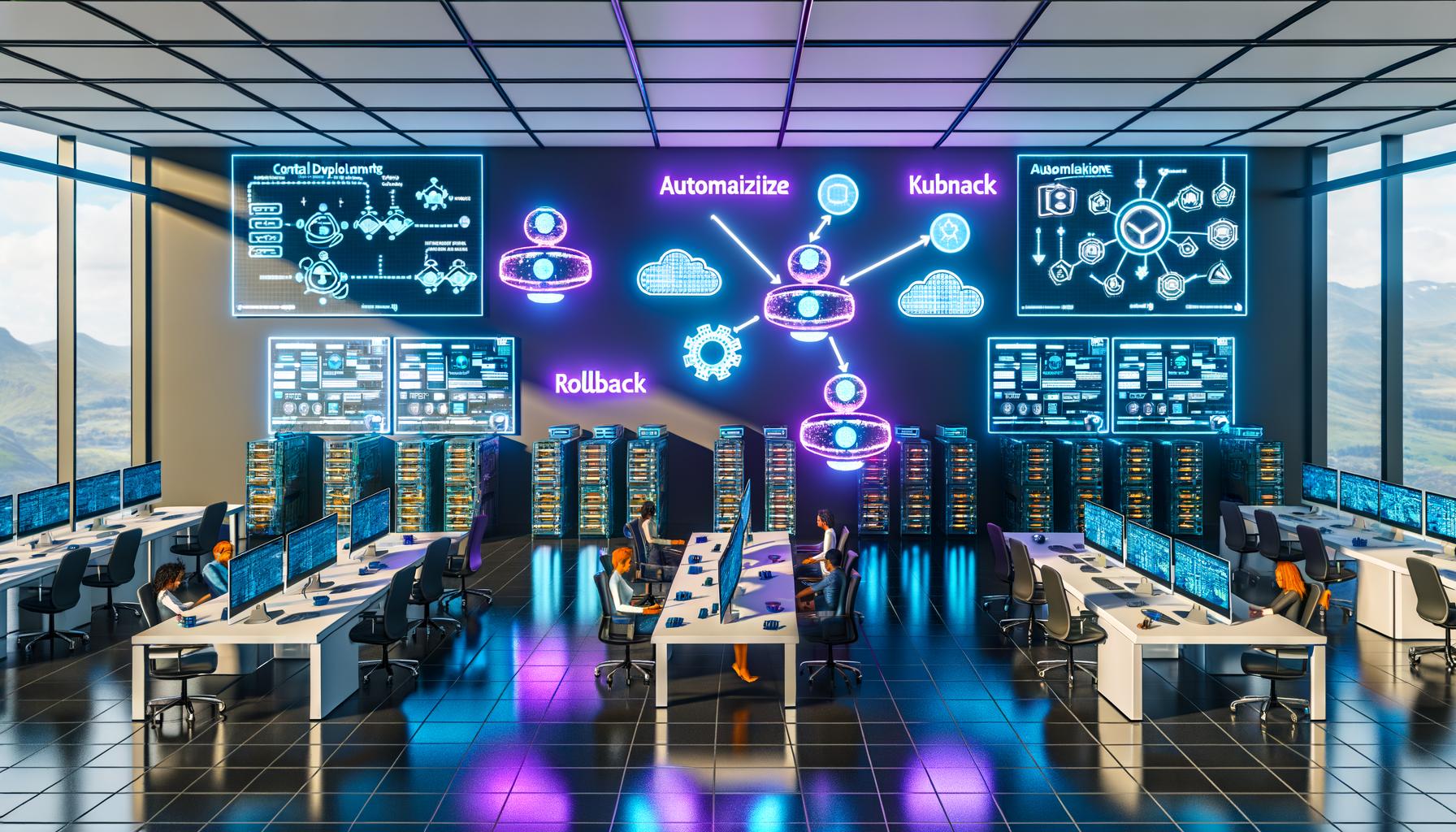 Futuristisches DevOps-Büro mit Engineers an Monitoren, zentralem Git-Interface, Kubernetes-Icons, Pipeline-Diagrammen, Neon-Schriftzügen und autonomen Deployment-Robotern vor Serverracks mit Cloud-Verbindungen.