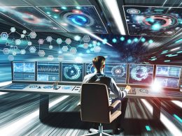 Fokussierte Person im modernen Control Room mit dynamischen Datengrafiken, Netzwerkdiagrammen und Marketing-Dashboards, umgeben von abstrakten Datenströmen.