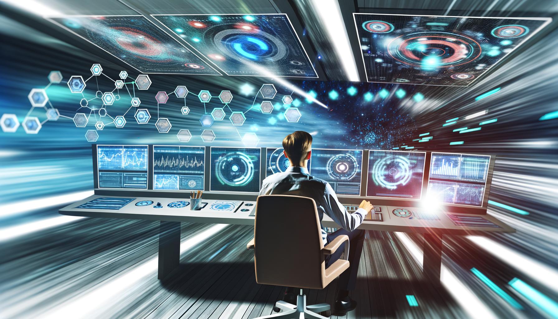 Fokussierte Person im modernen Control Room mit dynamischen Datengrafiken, Netzwerkdiagrammen und Marketing-Dashboards, umgeben von abstrakten Datenströmen.