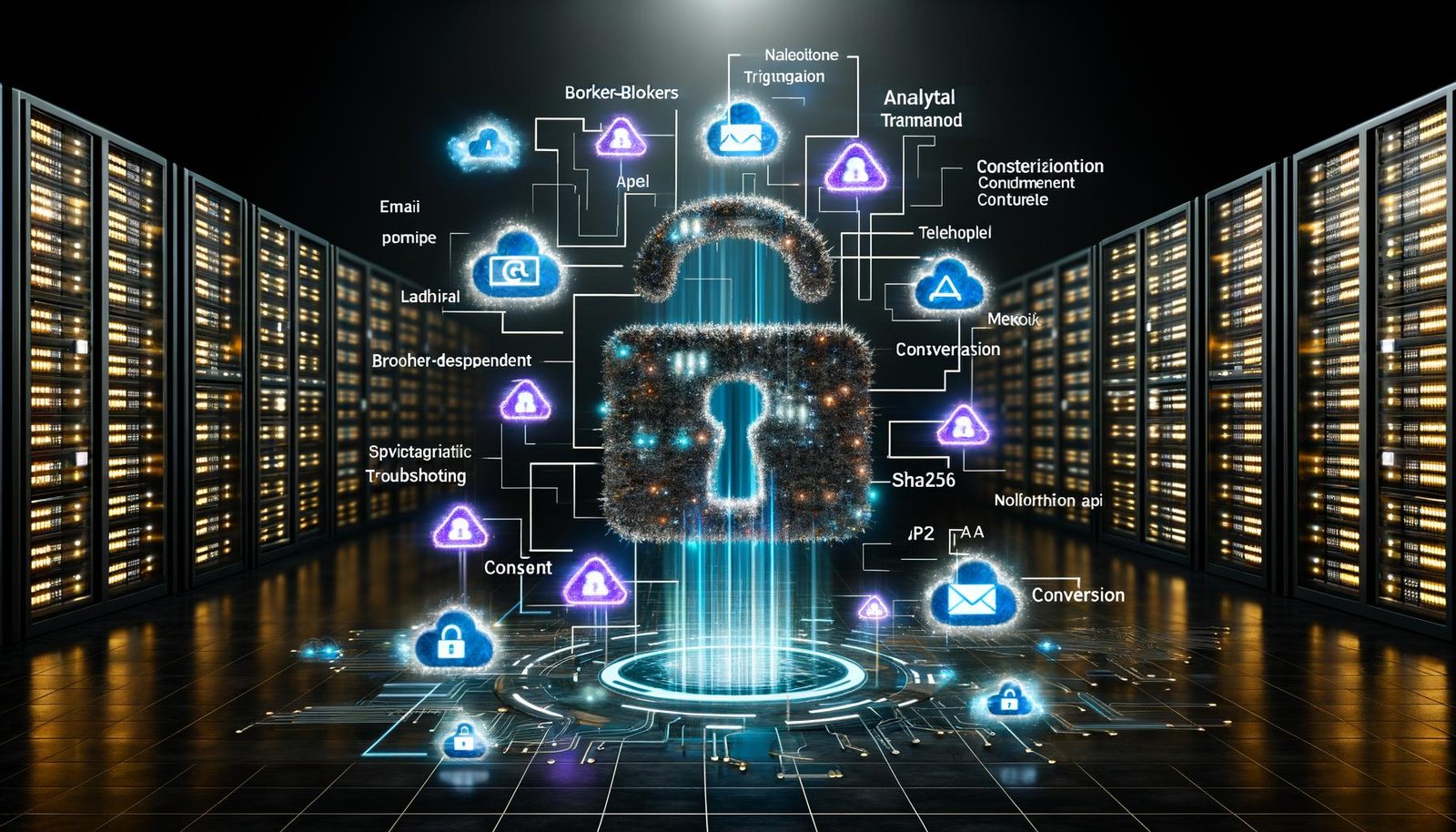 Modernes Serverzimmer verschmilzt mit Facebook-Marketing-Dashboard. API-Integration, verschlüsselte Kundendaten und Conversion-Event-Streams, geschützt durch Consent-Schild, symbolisieren den Wechsel von Client zu Server Tracking.