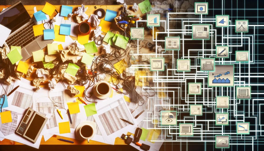 Chaotischer Schreibtisch mit Notizzetteln und Kaffeetassen, darüber digitale Grafik von strukturiertem Workflow und App-Icons als Symbol für Content-Optimierung