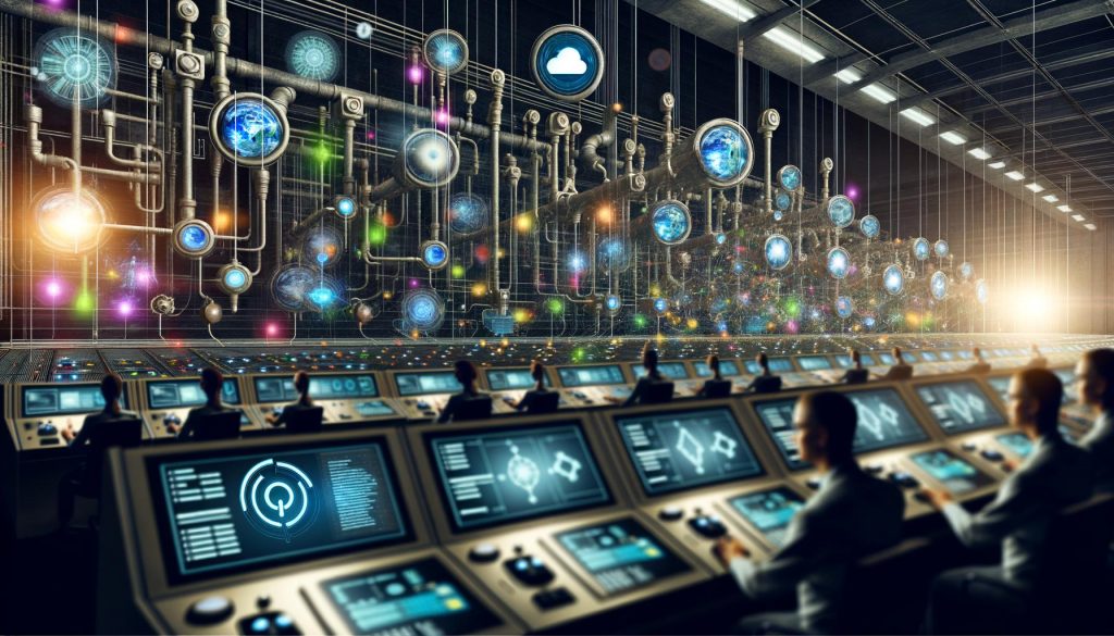 Hightech-Maschinenraum mit digitalen Vermarktern, die an leuchtenden Bildschirmen und Daten-Dashboards moderne Automatisierung und Datenflüsse steuern.