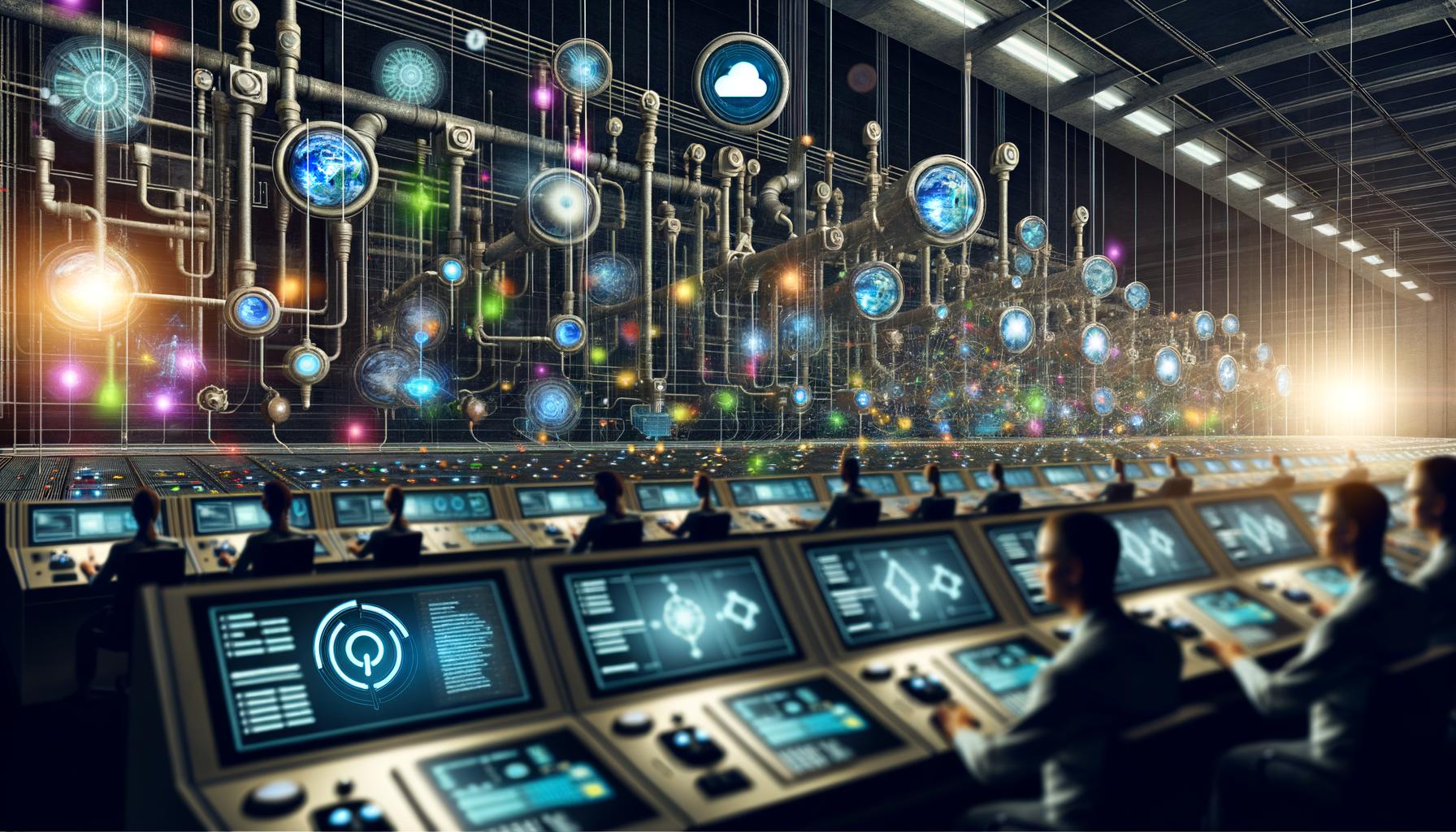 Hightech-Maschinenraum mit digitalen Vermarktern, die an leuchtenden Bildschirmen und Daten-Dashboards moderne Automatisierung und Datenflüsse steuern.