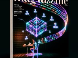 Futuristisches Magazincover: Menschlicher Autor im Schatten, holographische Narrative-Ströme umkreisen einen schwebenden KI-Kubus, digitale Geschichten entstehen für verschiedene Nutzer-Silhouetten, alles in Neonfarben auf dunklem Hintergrund.