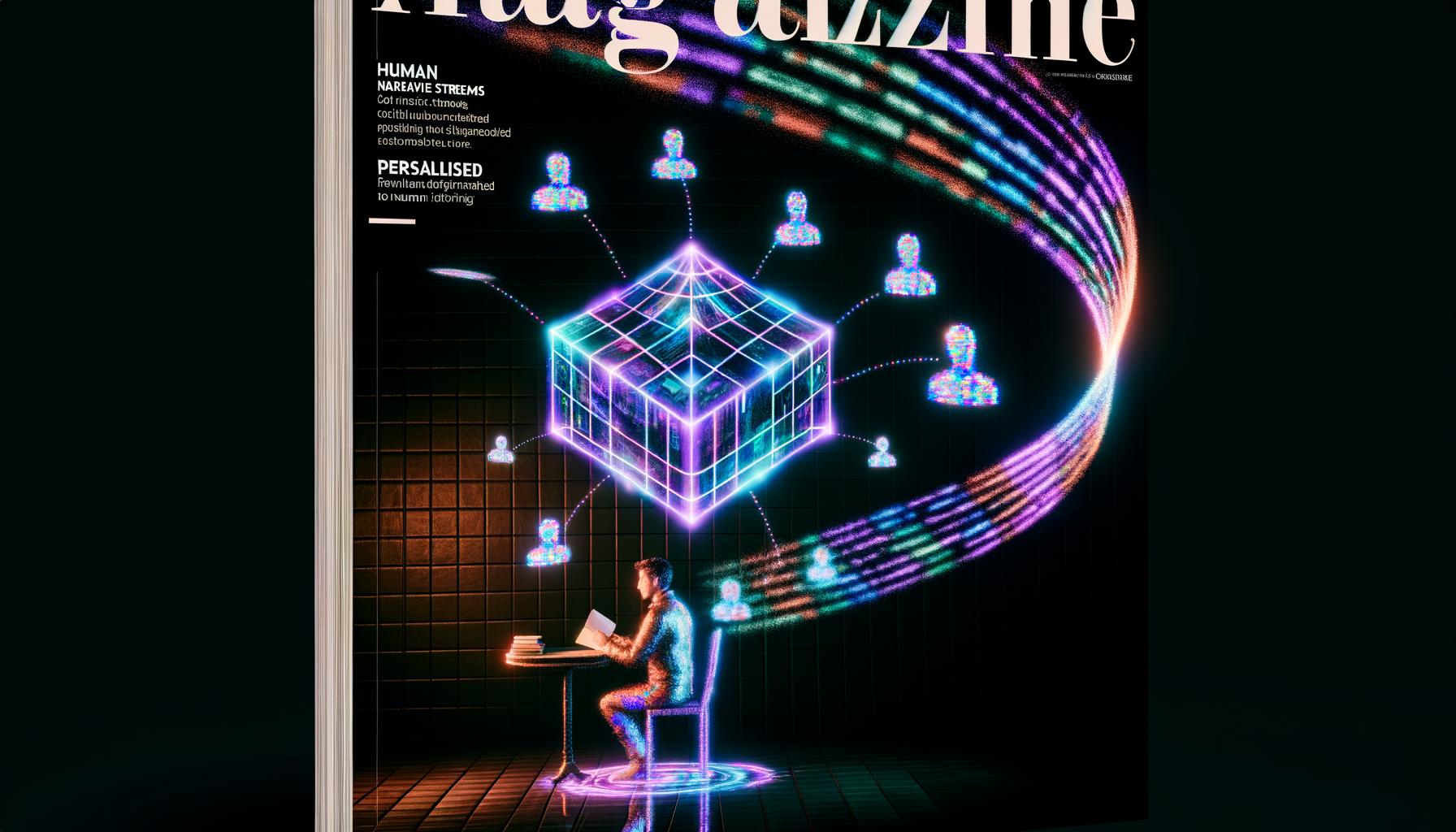 Futuristisches Magazincover: Menschlicher Autor im Schatten, holographische Narrative-Ströme umkreisen einen schwebenden KI-Kubus, digitale Geschichten entstehen für verschiedene Nutzer-Silhouetten, alles in Neonfarben auf dunklem Hintergrund.