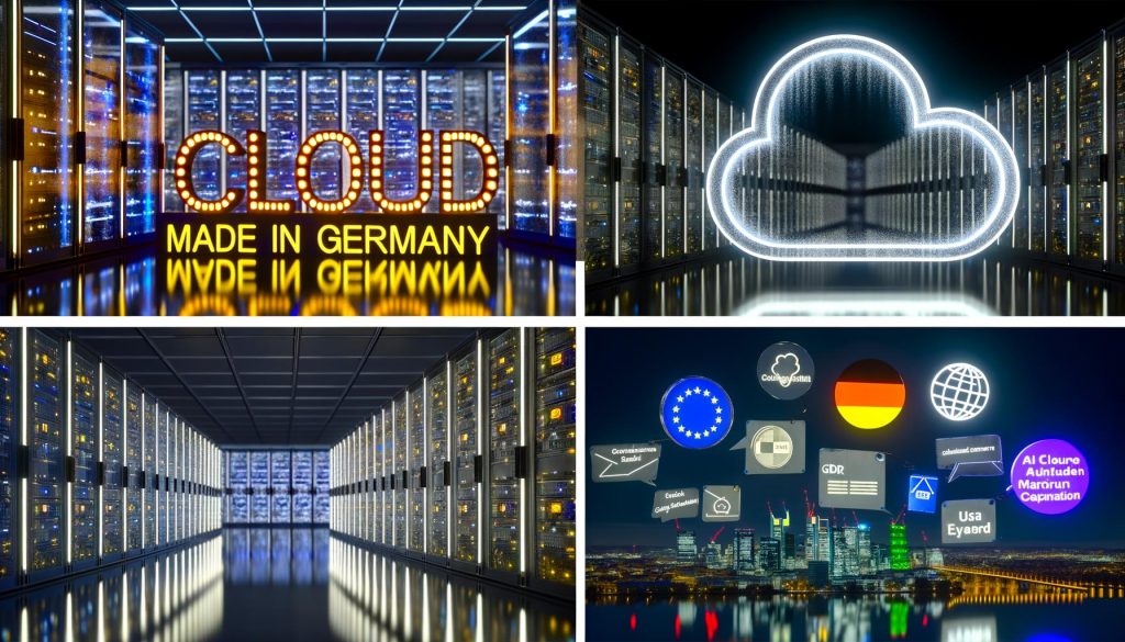 Eine Reihe von Illustrationen zeigt den Vergleich deutscher und internationaler Cloud-Anbieter, Mythen über Datensicherheit und Datenschutz, die Realität hinter Werbeversprechen, prüft relevante Technik-Kriterien und hebt globale Netzwerke über das reine „Made in Germany“-Label hinaus hervor.