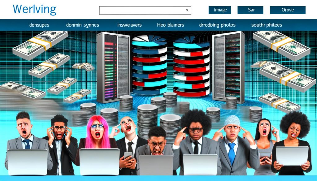 Moderne Website-Startseite mit großen Bildern, langsamen Lade-Icons, frustrierten Nutzern und überlasteten Servern, die Geld verlieren.