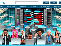 Moderne Website-Startseite mit großen Bildern, langsamen Lade-Icons, frustrierten Nutzern und überlasteten Servern, die Geld verlieren.