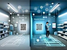 Halbierte Szenerie einer nahtlosen Verschmelzung von digitaler Technologie und physischem Einzelhandel mit Datenströmen, QR-Codes, Smartphones und interaktiven Elementen in urbanem Stil.