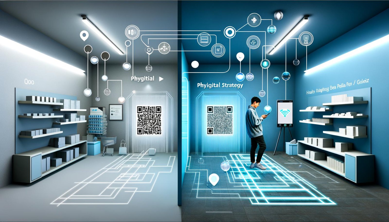 Halbierte Szenerie einer nahtlosen Verschmelzung von digitaler Technologie und physischem Einzelhandel mit Datenströmen, QR-Codes, Smartphones und interaktiven Elementen in urbanem Stil.