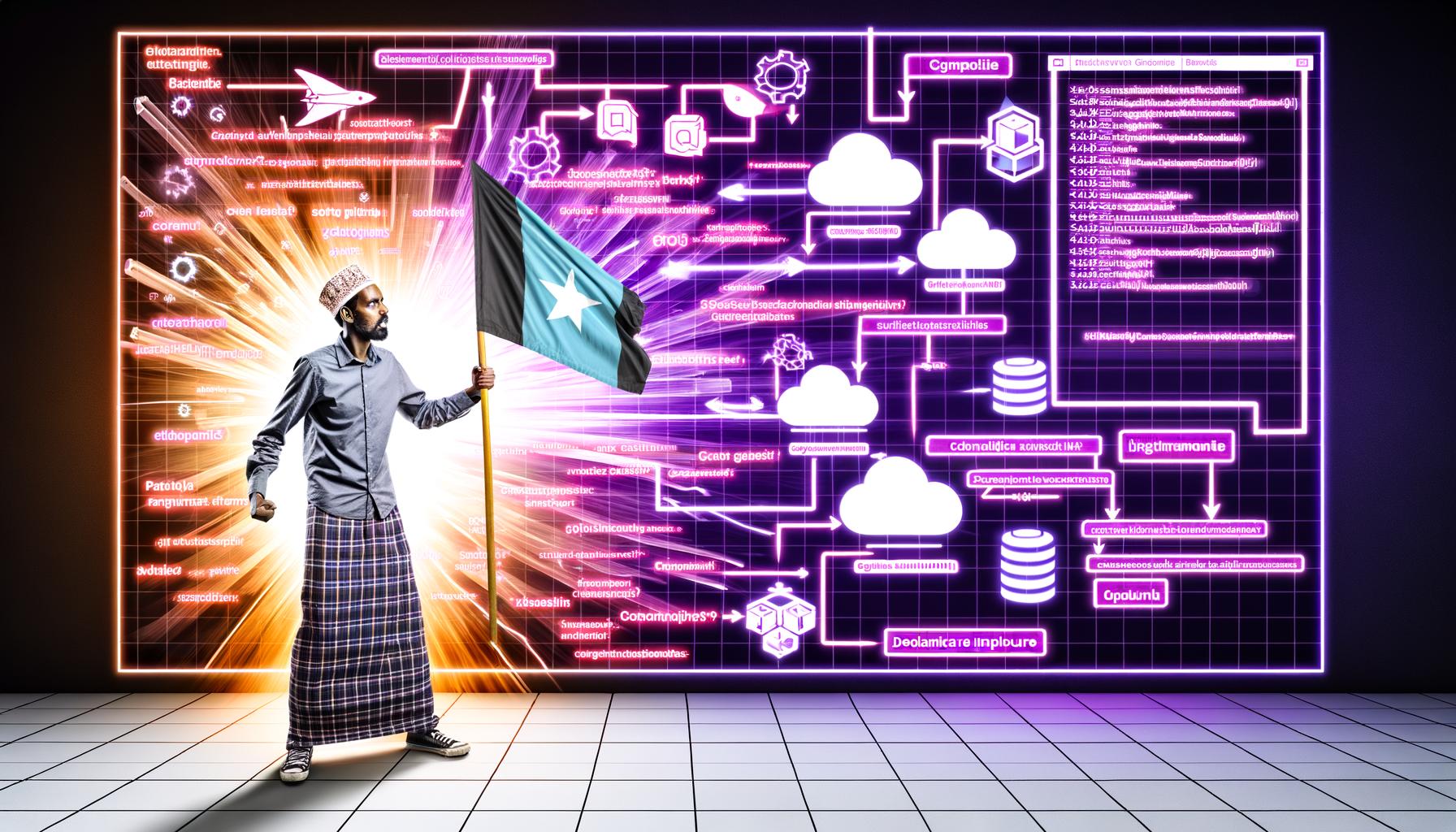 Stilisierter DevOps-Engineer mit GitOps-Flagge vor modernen Cloud- und Infrastruktur-Symbolen, leuchtende Commit-Grafiken, YAML-Snippets und verblassende Legacy-Server im Hintergrund.