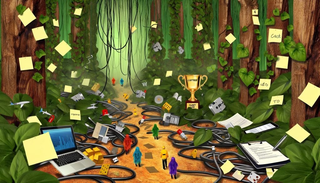 Verwirrte Content Creators stehen in bunter Arbeitskleidung in einem chaotischen Dschungel aus USB-Kabeln, Geräten, Post-its und von Pflanzen umschlungenen digitalen Tools. Im Hintergrund ist ein goldener Effizienz-Pokal auf einer Lichtung sichtbar.