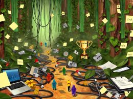 Verwirrte Content Creators stehen in bunter Arbeitskleidung in einem chaotischen Dschungel aus USB-Kabeln, Geräten, Post-its und von Pflanzen umschlungenen digitalen Tools. Im Hintergrund ist ein goldener Effizienz-Pokal auf einer Lichtung sichtbar.