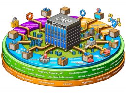 Modernes, farbenfrohes Schaubild einer DMP-Architektur im Marketing mit mehreren Schichten, DMP Core-Server im Zentrum und Icons für Datenschutz, Consent Management sowie Data Governance.
