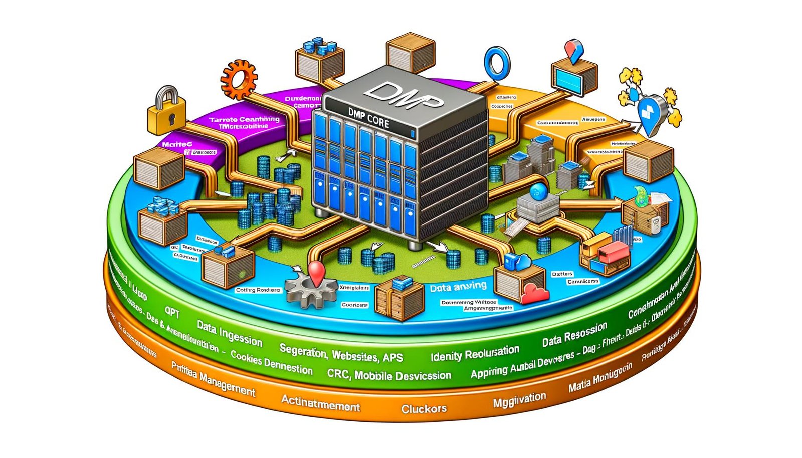 Modernes, farbenfrohes Schaubild einer DMP-Architektur im Marketing mit mehreren Schichten, DMP Core-Server im Zentrum und Icons für Datenschutz, Consent Management sowie Data Governance.