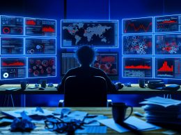 Gestresster Marketer arbeitet nachts im modernen Büro vor Monitoren mit Absturzmeldungen, CRM-Daten und chaotischen Workflow-Notizen