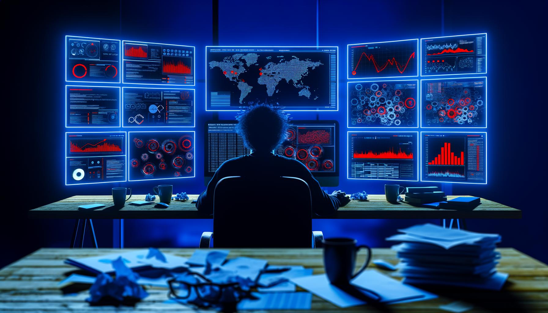 Gestresster Marketer arbeitet nachts im modernen Büro vor Monitoren mit Absturzmeldungen, CRM-Daten und chaotischen Workflow-Notizen