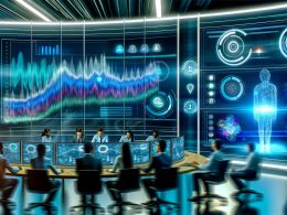 Futuristisches Marketing Command Center mit diversen Marketer:innen, gebogenen Bildschirmen voller Datenvisualisierungen und einer KI-Hologramm-Warnung.