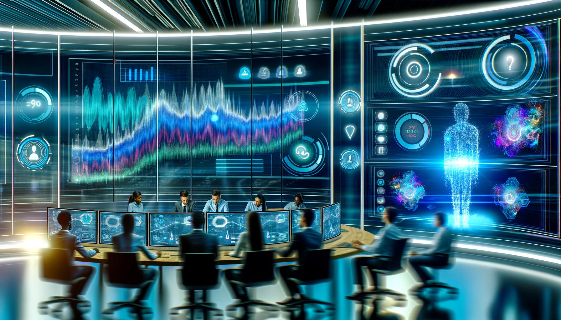 Futuristisches Marketing Command Center mit diversen Marketer:innen, gebogenen Bildschirmen voller Datenvisualisierungen und einer KI-Hologramm-Warnung.