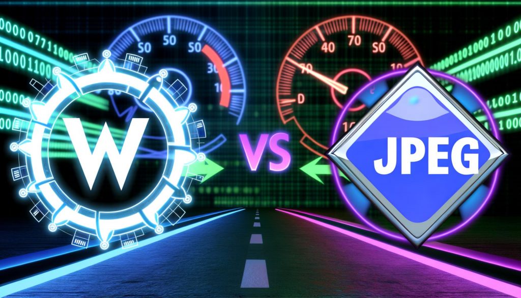 WebP-Logo und JPEG-Logo stehen sich auf einem abstrakten Daten-Highway in einem dramatischen Wettbewerb um Geschwindigkeit, Effizienz und SEO-Relevanz gegenüber.