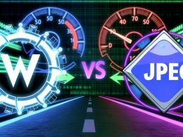 WebP-Logo und JPEG-Logo stehen sich auf einem abstrakten Daten-Highway in einem dramatischen Wettbewerb um Geschwindigkeit, Effizienz und SEO-Relevanz gegenüber.