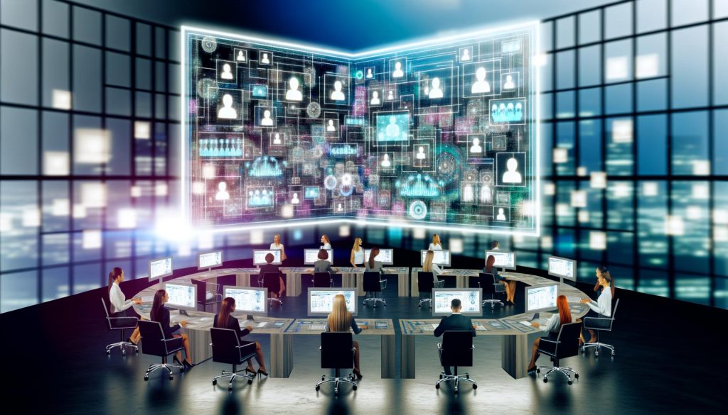 Marketer analysieren vernetzte Datenströme an einem digital beleuchteten Dashboard in einem modernen, hochentwickelten Büro.