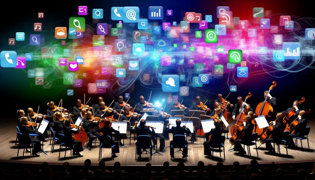 Orchester spielt chaotisch auf einer Bühne, Musiker mit ratlosen Blicken, vertauschten Instrumenten und fehlender Dirigentin, während digitale Icons für Social Media und Content-Tools im Hintergrund schweben.