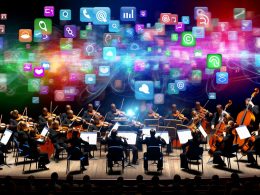 Orchester spielt chaotisch auf einer Bühne, Musiker mit ratlosen Blicken, vertauschten Instrumenten und fehlender Dirigentin, während digitale Icons für Social Media und Content-Tools im Hintergrund schweben.
