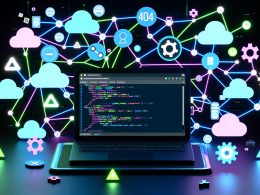 Dynamisches Titelbild eines Tech-Magazins mit modernem Git-Interface, Neonnetzwerken im Hintergrund und schwebenden Icons für Automatisierung, Sicherheit und Cloud-Infrastruktur.
