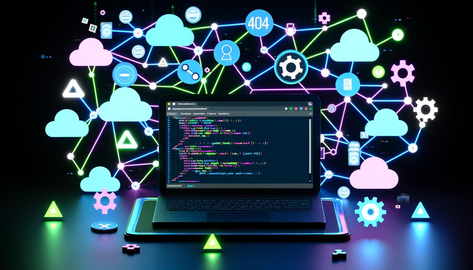 Dynamisches Titelbild eines Tech-Magazins mit modernem Git-Interface, Neonnetzwerken im Hintergrund und schwebenden Icons für Automatisierung, Sicherheit und Cloud-Infrastruktur.
