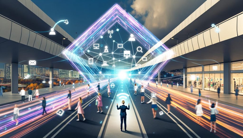 Futuristische Brücke verbindet leuchtende digitale Stadt mit realer urbaner Szene; Datenlinien, holografische Werbung, AR-Avatare und eine Marketeer-Person im Vordergrund